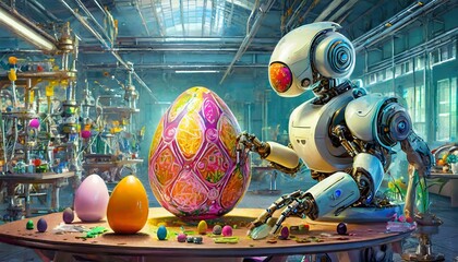 A futuristic Easter egg decorating factory where a robot assists in the process