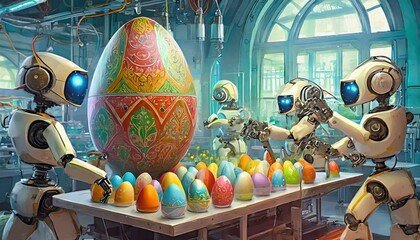 A futuristic Easter egg decorating factory where robots assist in the creative process