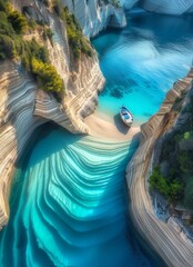 High angle view of small boat amidst turquoise waters and stack-shaped formations, capturing the serene beauty of Greece's coastal landscape under a sunny sky at Milos island.