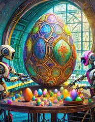 A vertical illustration of a futuristic Easter egg decorating factory where robots assist in the design process