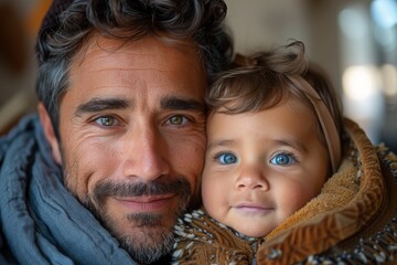 A loving father holds his baby close, sharing a tender moment with mutual gazes - obrazy, fototapety, plakaty