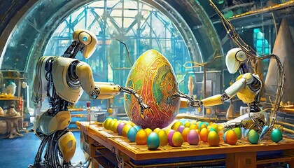 A futuristic Easter egg decorating factory where robots assist in the creative process