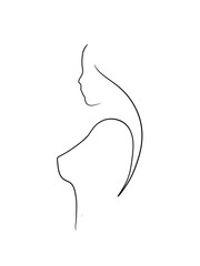 A portrait of a woman is drawn in one line art style. Body and facial expression. Tattoo art. Printable wall art.	