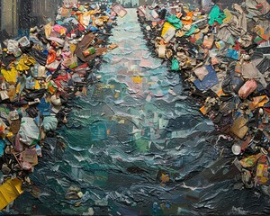 Garbage clogging streams, blocked waterways, midday, cluttered, vibrant trash