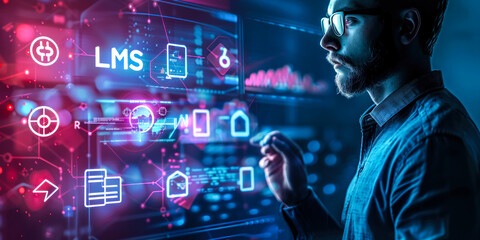 Education Professional Utilizing a Learning Management System (LMS) with Digital Icons for Course Development and Tracking