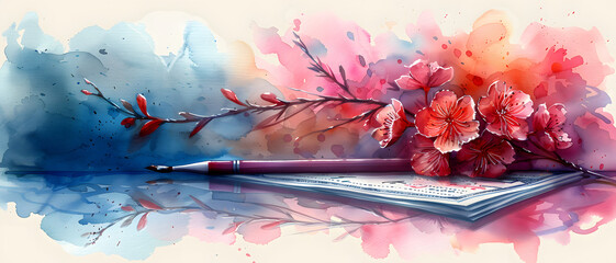 Delicate cherry blossoms over an open notebook with a pen, conveying poetry, spring, and new beginnings - obrazy, fototapety, plakaty