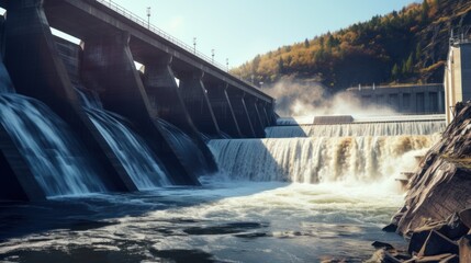 A hydroelectric dam with rushing water turning turbines, showcasing the utilization of water's kinetic energy for power, AI generated