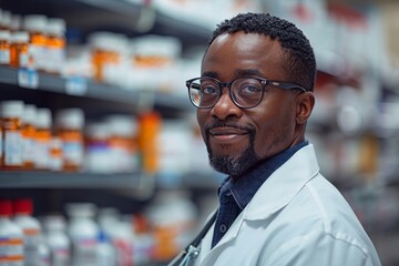 Portrait of a confident male pharmacist wearing glasses and a lab coat in a pharmacy