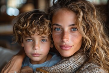 Detailed capture of brunette hair curls paired with soft textures of winter clothing visible in the background