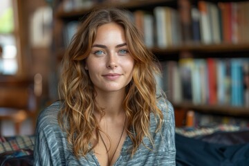 A young woman with blue eyes and curly hair smiles softly in a relaxed library setting