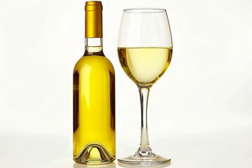White wine bottle and glass isolated on white background, elegant and sophisticated presentation