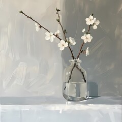 Cherry Blossom  in clear glass painting set against a minimalist white and grey background, Artwork for wall art illustration and home decor, digital printable wall art 