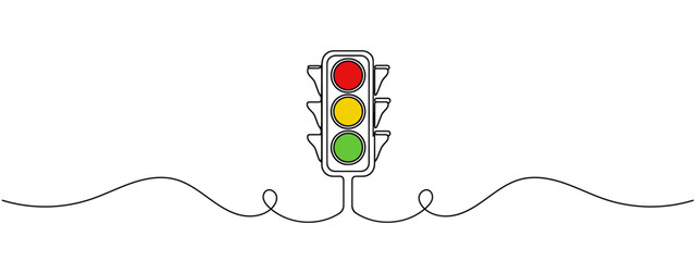 Continuous one line drawing of traffic lights with poles to regulate vehicle travel at road intersections. There are red, yellow, green lights. Single line draw design vector graphic illustration.