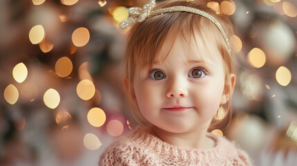 The innocent delight of a young child dressed in a cozy festive outfit, surrounded by the magical shimmer of holiday lights.