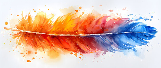 Brilliantly hued watercolor feather with splashes of colors creates an artistic and inspirational piece suggesting creativity and freedom
