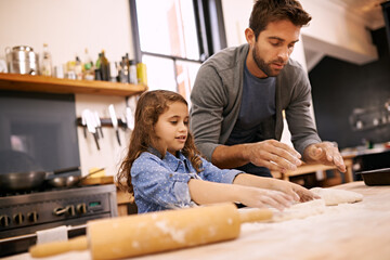 Pizza, dough and child with father in kitchen and teaching recipe and learning to meal prep food. Cooking, together and girl helping with rolling pin, flour and baking with dad in home for dinner - obrazy, fototapety, plakaty