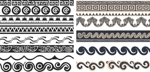 Greek roman meander and wave decorative seamless patterns vector illustration set