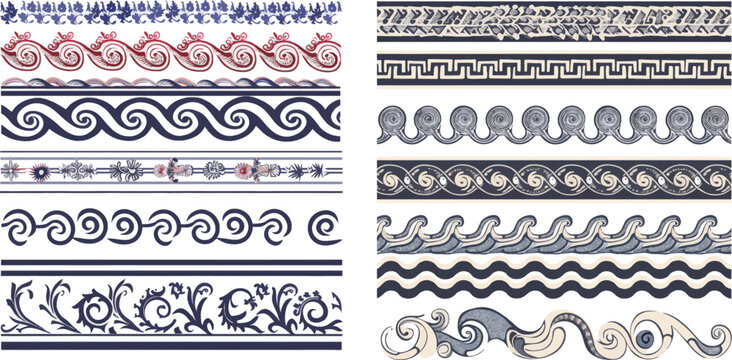 Greek geometric meander borders. Roman pattern decoration, border wave meander