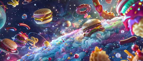 the universe with planets, stars, and galaxies, transformed into fast food styled like neon lights. - obrazy, fototapety, plakaty