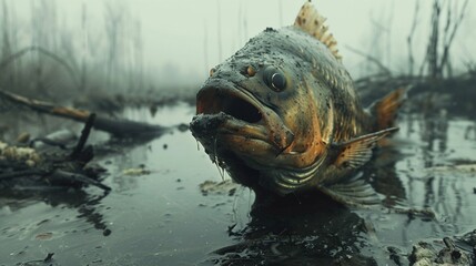 Fish gasping in contaminated water, oil film surface, overcast, suffocating scene - obrazy, fototapety, plakaty