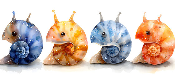 Set of four snails painted in watercolors, each depicting different emotions and colors, representing diversity and creativity