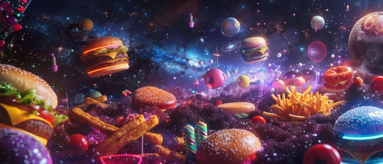 Fotobehang the universe with planets, stars, and galaxies, transformed into fast food styled like neon lights. © Meekong.nk