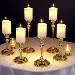 Cluster of decorative glass candle holders reflecting the warm glow of flickering candles.