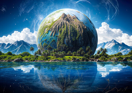 Fantasy planet earth floating on water surface