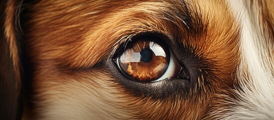 Closeup of a Carnivore dogs eye with fawn and white fur, whiskers, and eyelashes. The dog breed has a livercolored snout and is a loyal companion dog