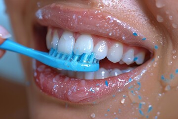 A detailed image showing the process of brushing teeth, focusing on the toothbrush and paste - obrazy, fototapety, plakaty
