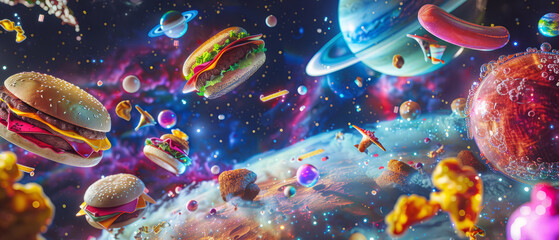 Obraz na płótnie Canvas the universe with planets, stars, and galaxies, transformed into fast food styled like neon lights.