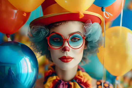 A festive and playful image for April Fool's Day or birthday celebration with colorful balloons, cake, and gifts