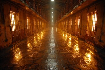 Fototapeta na wymiar An ominous prison hallway bathed in an orange glow, reflecting off the glossy floor, conveying a sense of foreboding