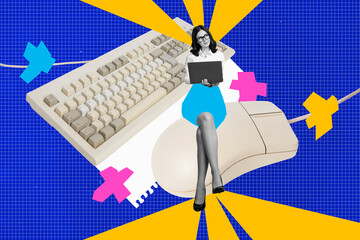 Artwork creative illustration collage of young copywriter woman worker sitting in coworking using...