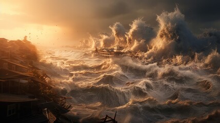 Threat of cataclysm Devastating hurricane. Killer wave it ocean storm weather with huge waves, Such waves cause catastrophic flooding on coast, - obrazy, fototapety, plakaty