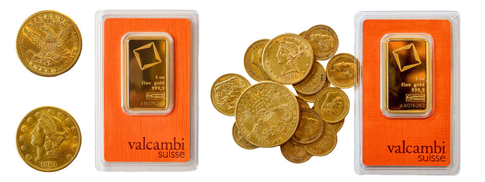 Close up of Real gold bars and gold coins. American dollars and Russian rubels. Top view. Golden coins and bars for investment concept. Swiss Valcambi golden bars, 1 ounce.