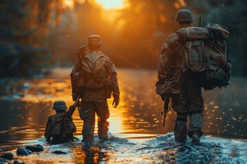 A poignant image of soldiers and a child crossing a river at sunset, evoking themes of protection and perseverance