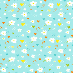 Seamless bright spring or summer floral vector pattern. Background with small plants, daisy flowers, hearts, dots. 
