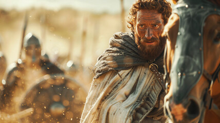 A man on horseback in a historical setting, evoking the biblical figure King David.