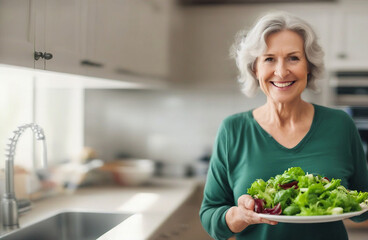 An elderly woman smiles and holds out a plate of fresh vegetables and salad against a blurred...