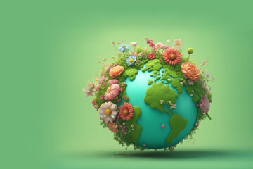 Planet Earth with blooming flowers and green grass on a light green background, copy space, AI generated