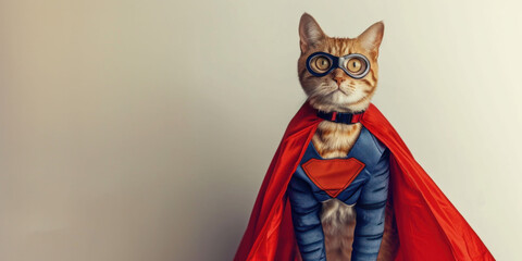 gray tabby cat in a superhero costume, cloak and mask, clean light background for advertising, copy space