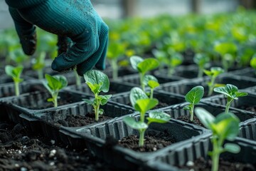 Close-up of a gloved hand gently planting a small green vegetable seedling in black tray compartments - obrazy, fototapety, plakaty