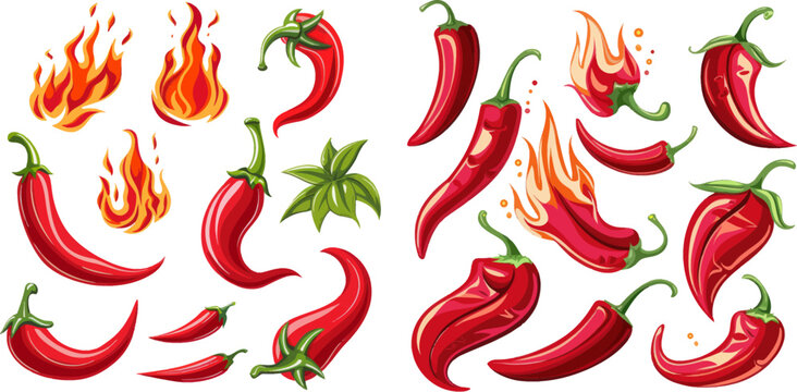 Cartoon spicy red chilli pepper in fire flames, red hot burning mexican peppers isolated vector illustration icons set