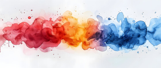 An ethereal diffusion of smoke clouds merging beautifully in red, yellow, and blue hues - obrazy, fototapety, plakaty
