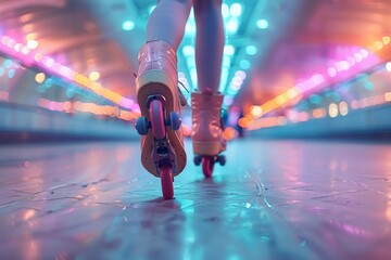 Dynamic scene of a roller skater cruising in a neon-lit tunnel, exuding energy and fun