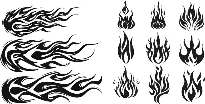 Tribal fire vinyl stickers for sport car or motorbike, hot tattoo vector illustration set