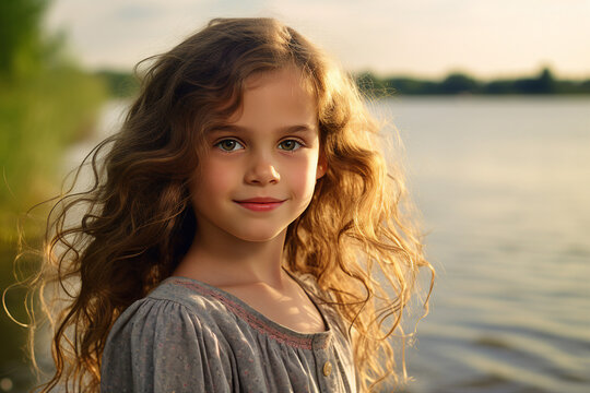 Generative AI image photo of a pretty cute little child looking at camera enjoying a beautiful day