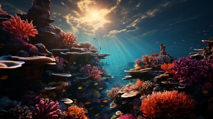 Underwater coral reef with sunbeams