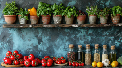 A shelf with many potted plants and a variety of vegetables including tomatoes
